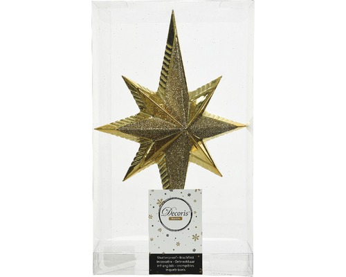 Étoile de sapin de Noël dorée en plastique dans son emballage