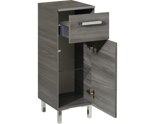 Meuble de salle de bain avec tiroir, porte, étagère en verre et pieds