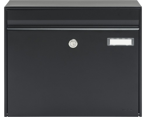 MEFA Briefkasten Stahl pulverbeschichtet BxHxT 385/310/137 mm Vals 101 Tiefschwarz RAL 9005 semimatt Entnahme vorne mit Klappe Namensschild Briefkasten mit Schloss und Namensschild
