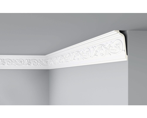 Moulure de plafond F18 1 pièce 2 m x 70 x 150 mm Vue d''une pièce avec une moulure de stuc au plafond