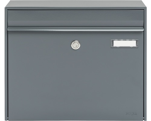 MEFA Briefkasten Stahl pulverbeschichtet BxHxT 385/310/137 mm Vals 101 Basaltgrau RAL 7012 semimatt Entnahme vorne mit Klappe Namensschild Metallbriefkasten mit Schloss und Namensschild