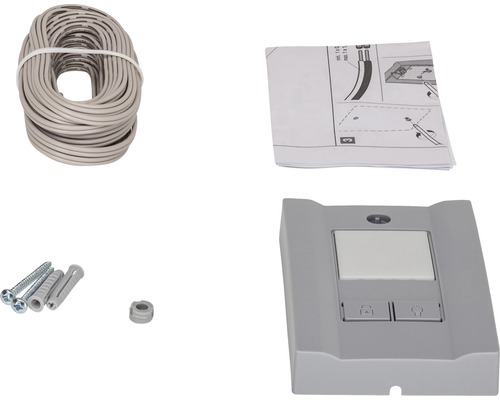 Composants pour motorisation de porte de garage: câble, instructions, vis, chevilles et unité de commande
