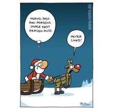 Dessin animé du Père Noël avec un renne devant un traîneau, citation : C''est pénible de devoir gratter le matin.