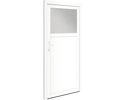 Porte d''entrée secondaire blanche en plastique avec insert en verre dans la partie supérieure.