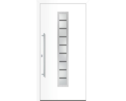 Porte d''entrée blanche avec insert en verre et barre de poignée