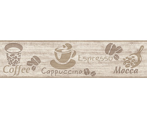 Bordüre 36861-1 Only Borders Capuccino braun 5 m x 13 cm Dekorative Bordüre mit Kaffeemotiven und Schriftzügen auf Holz
