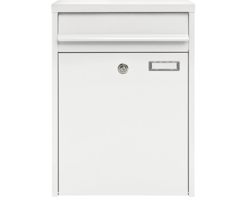 Boîte aux lettres MEFA en acier revêtu par poudre lxhxp 345/470/170 mm Piano 350 blanc signalisation RAL 9016 semi-mat avec porte-nom + volet