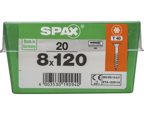 Paquet de vis SPAX contenant 20 vis, taille 8x120
