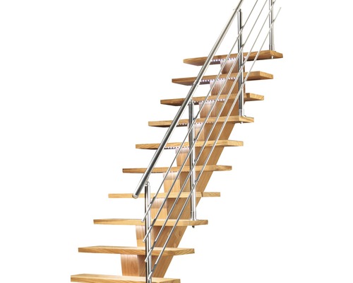 Escalier en bois avec rampe en acier inoxydable et éclairage LED