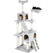 Arbre à chat gris avec surfaces de couchage et chats