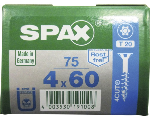 Logo SPAX, Made in Germany, Symbole inoxydable, 4CUT, T20, vis 4x60