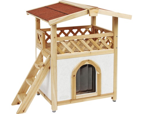 Cabane pour chats KERBL Tyrol Alpin Outdoor 77x59x88 cm naturel Maison pour chat en bois avec deux étages et escalier