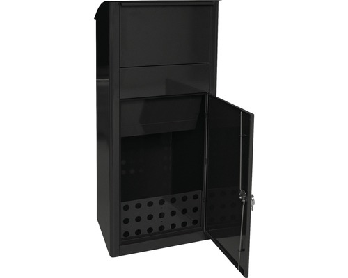 Schwarzer Paketbriefkasten mit geöffneter Tür zur Paketentnahme