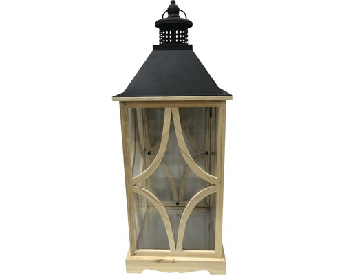 Lanterne décorative en bois avec des éléments métalliques et des vitres.