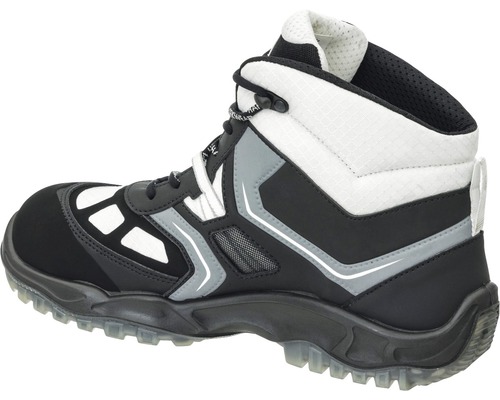 Une chaussure de sécurité noire et blanche avec des lacets.