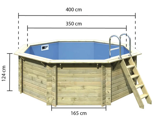 Achteckiger Holzpool mit Leiter und Größenangaben