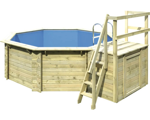 Ensemble de piscine hors sol en bois Karibu Classic 1B ronde Ø 400x124 cm avec échelle, intissé de protection du sol et solarium bois