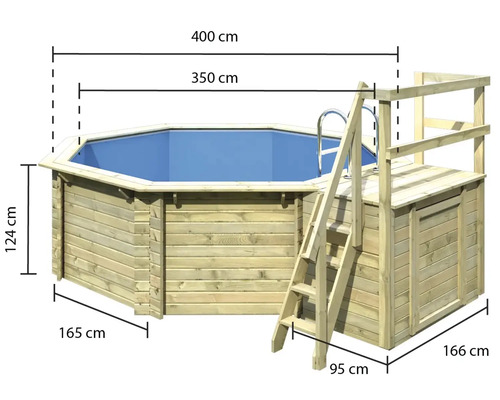 Achteckiger Holzpool mit Leiter und Plattform sowie Maßangaben.