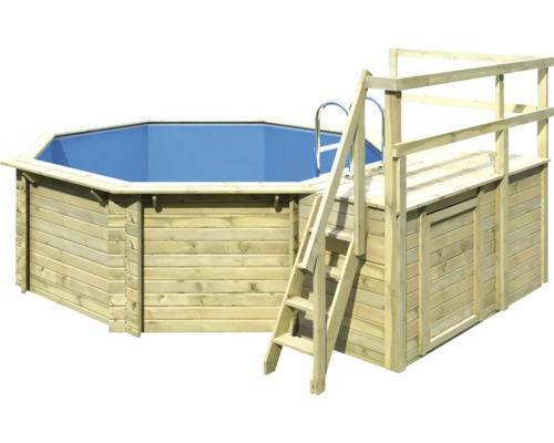 Ensemble de piscine hors sol en bois Karibu Classic 1C ronde Ø 400x124 cm avec échelle, intissé de protection du sol, solarium et 1 vantail bois