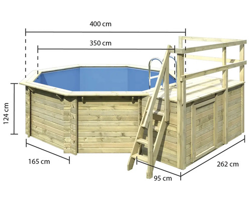 Abbildung eines Holzpools mit Leiter und den Maßen 400 cm, 350 cm, 124 cm, 165 cm, 262 cm und 95 cm