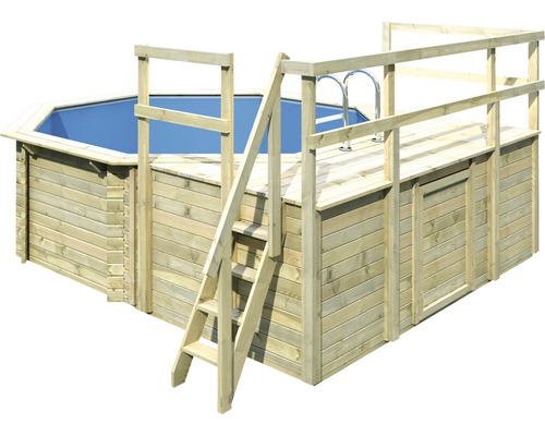 Aufstellpool Holzpool-Set Karibu Classic 1D rund Ø 400x124 cm inkl. Leiter, Bodenschutzvlies, Sonnendeck & 2 Flügel Holz