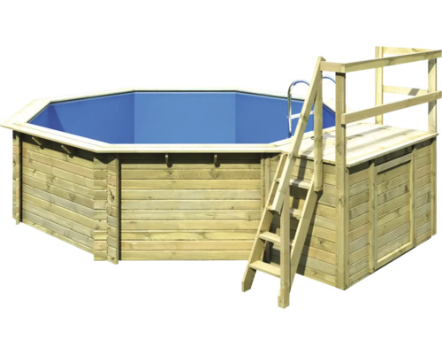 Ensemble de piscine hors sol en bois Karibu Classic 2B ronde Ø 470x124 cm avec échelle, intissé de protection du sol et solarium bois