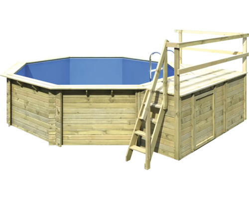 Ensemble de piscine hors sol en bois Karibu Classic 2C ronde Ø 470x124 cm avec échelle, intissé de protection du sol, solarium et 1 vantail bois