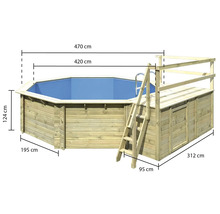 Achteckiger Holzpool mit Leiter und Plattform sowie Maßangaben