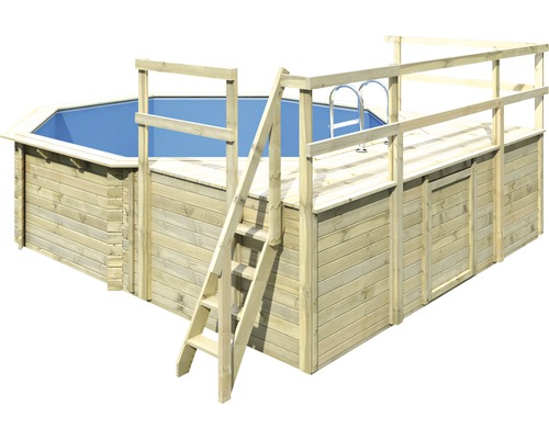 Ensemble de piscine hors sol en bois Karibu Classic 2D ronde Ø 470x124 cm avec échelle, intissé de protection du sol, solarium et 2 vantaux bois