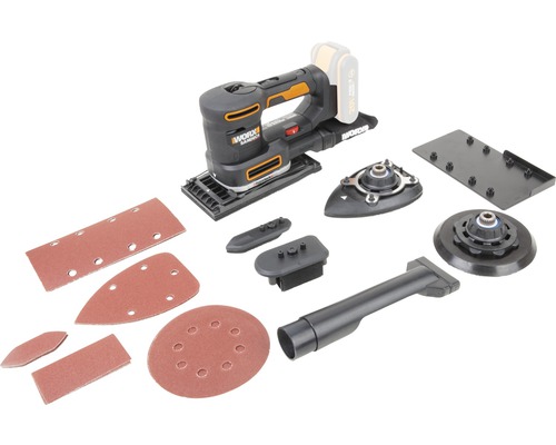 Ponceuse Worx WX820.9 avec différents accessoires de ponçage
