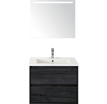Badmöbel-Set Sanox Porto BxHxT 71 x 170 x 51 cm Frontfarbe black oak mit Waschtisch Keramik weiß und Keramik-Waschtisch Spiegel mit LED-Beleuchtung Waschtischunterschrank