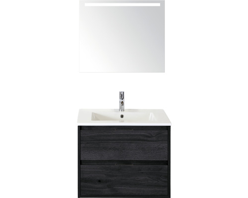 Set de meubles de salle de bains Sanox Porto lxhxp 71 x 170 x 51 cm couleur de façade black oak avec vasque céramique blanc et vasque céramique miroir avec éclairage LED meuble sous vasque