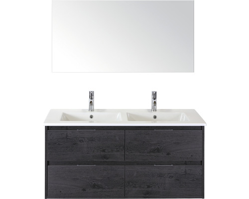 Badmöbel-Set Sanox Porto BxHxT 121 x 170 x 51 cm Frontfarbe black oak mit Waschtisch Keramik weiß und Keramik-Doppelwaschtisch Spiegel Waschtischunterschrank