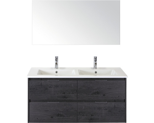 Badmöbelset 3-teilig Doppelbadmöbel Sanox Porto BxHxT 121 x 170 x 51 cm Frontfarbe black oak mit Waschtisch Keramik weiß und Keramik-Doppelwaschtisch Spiegel Waschtischunterschrank Griff chrom matt 84731249 Waschtisch mit zwei Waschbecken, Unterschrank mit vier Schubladen und Spiegel