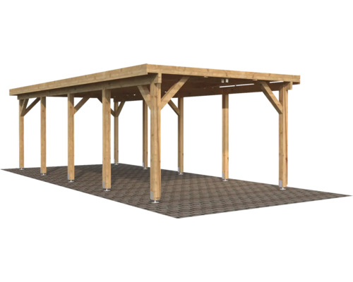 Carport en bois avec plusieurs poteaux sur pavés