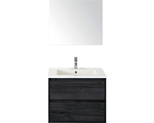 Set de meubles de salle de bains Sanox Porto lxhxp 71 x 170 x 51 cm couleur de façade black oak avec vasque céramique blanc et vasque céramique miroir meuble sous vasque