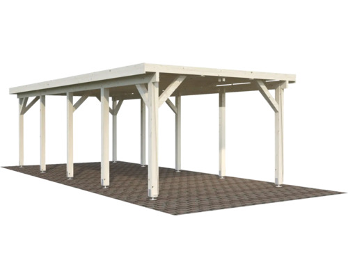 Carport en bois avec plusieurs supports et toit plat