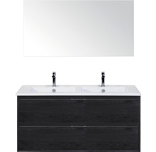 Badmöbelset 3-teilig Doppelbadmöbel Sanox Porto BxHxT 121 x 170 x 51 cm Frontfarbe black oak mit Waschtisch Keramik weiß und Keramik-Doppelwaschtisch Spiegel Waschtischunterschrank Griff chrom matt 84730049