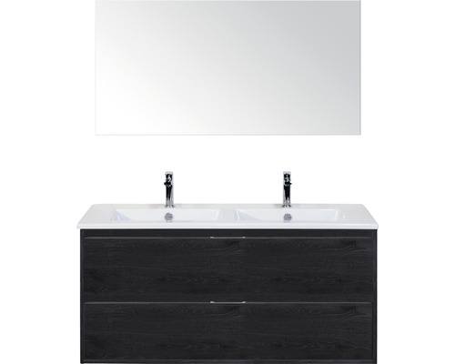 Set de meubles de salle de bains Sanox Porto lxhxp 121 x 170 x 51 cm couleur de façade black oak avec vasque céramique blanc et vasque double céramique miroir meuble sous vasque