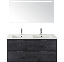 Badmöbelset 3-teilig Doppelbadmöbel Sanox Porto BxHxT 121 x 170 x 51 cm Frontfarbe black oak mit Waschtisch Keramik weiß und Keramik-Doppelwaschtisch Spiegel mit LED-Beleuchtung Waschtischunterschrank Griff chrom matt 84731349