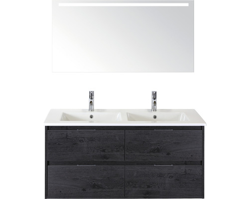 Badmöbelset 3-teilig Doppelbadmöbel Sanox Porto BxHxT 121 x 170 x 51 cm Frontfarbe black oak mit Waschtisch Keramik weiß und Keramik-Doppelwaschtisch Spiegel mit LED-Beleuchtung Waschtischunterschrank Griff chrom matt 84731349 Waschtisch mit zwei Becken, Unterschrank mit vier Schubladen und Spiegel mit Beleuchtung