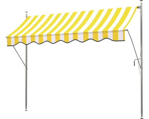 Store rayé jaune et blanc avec cadre en acier