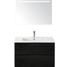 Badmöbel-Set Sanox Porto BxHxT 91 x 170 x 51 cm Frontfarbe black oak mit Waschtisch Keramik weiß und Keramik-Waschtisch Spiegel mit LED-Beleuchtung Waschtischunterschrank