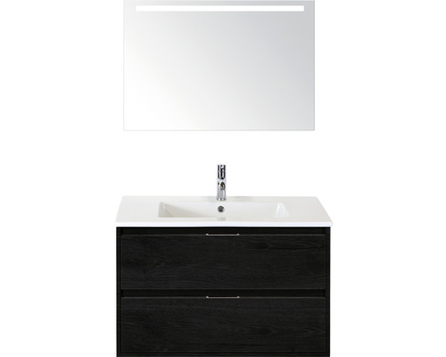 Badmöbel-Set Sanox Porto BxHxT 91 x 170 x 51 cm Frontfarbe black oak mit Waschtisch Keramik weiß und Keramik-Waschtisch Spiegel mit LED-Beleuchtung Waschtischunterschrank Waschtischkombination mit Spiegel und zwei Schubladen