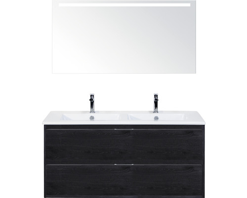 Badmöbelset 3-teilig Doppelbadmöbel Sanox Porto BxHxT 121 x 170 x 51 cm Frontfarbe black oak mit Waschtisch Keramik weiß und Keramik-Doppelwaschtisch Spiegel mit LED-Beleuchtung Waschtischunterschrank Griff chrom matt 84730149 Waschtisch mit zwei Waschbecken, Unterschrank und Spiegel mit Beleuchtung für das Badezimmer