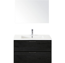 Badmöbel-Set Sanox Porto BxHxT 91 x 170 x 51 cm Frontfarbe black oak mit Waschtisch Keramik weiß und Keramik-Waschtisch Spiegel Waschtischunterschrank