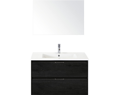 Badmöbel-Set Sanox Porto BxHxT 91 x 170 x 51 cm Frontfarbe black oak mit Waschtisch Keramik weiß und Keramik-Waschtisch Spiegel Waschtischunterschrank Badezimmerset mit Waschtischunterschrank, Waschbecken und Spiegel
