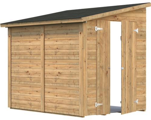 Holzschuppen mit geöffneter Tür und Satteldach