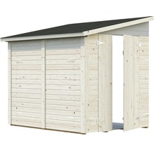 Gartenschrank aus Holz mit geöffneter Tür und schwarzem Dach