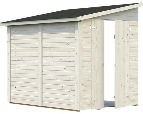 Gartenschrank aus Holz mit geöffneter Tür und schwarzem Dach